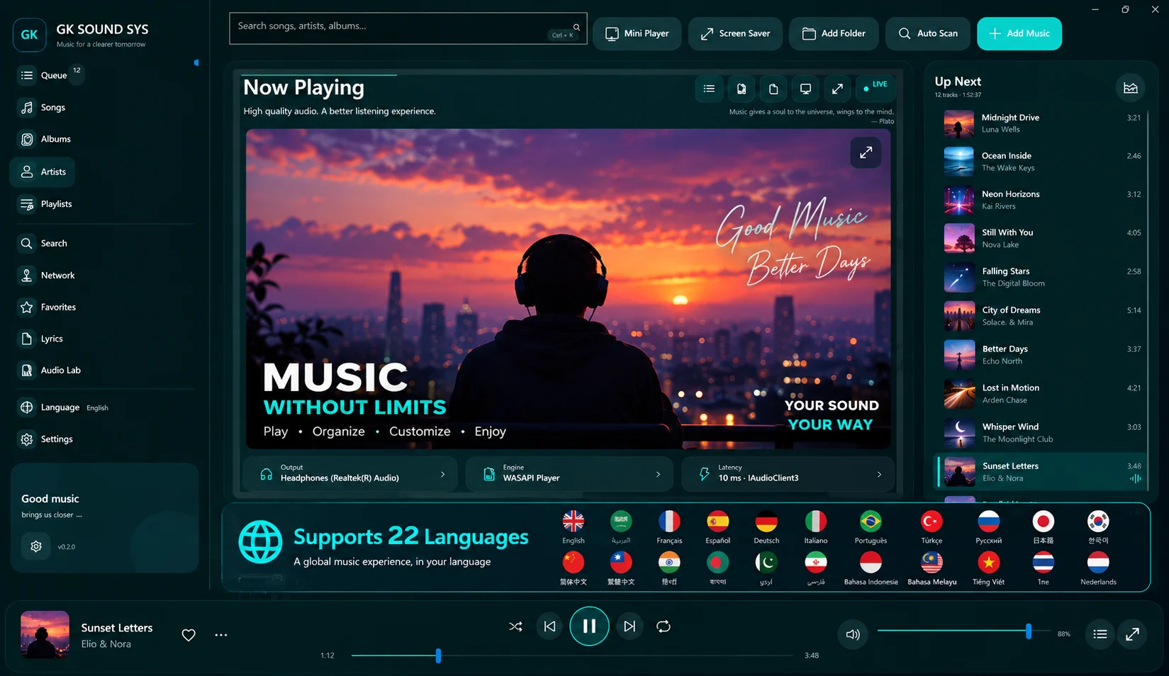 GK SOUND SYSTEM playback interface with language support