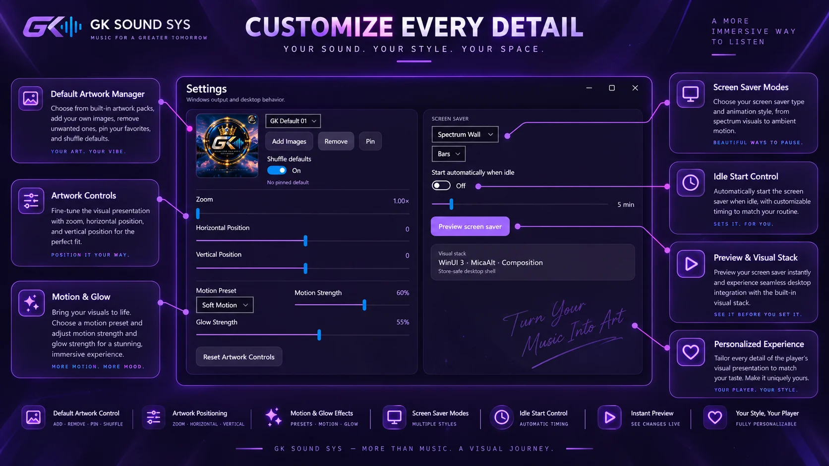 GK SOUND SYSTEM settings with artwork and screen saver controls